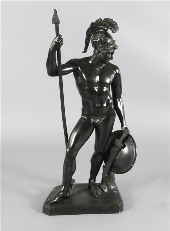 After the antique. A bronze figure of a warrior standing holding a spear shaft, shield and sword, height 34in. (a.f.)